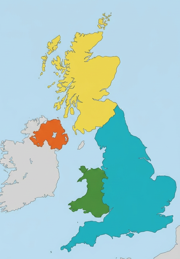 Map of United Kingdom indicating potential largest political parties by 2031: SNP in Scotland, Sinn Féin in Northern Ireland, Plaid Cymru in Wales, Reform Party in England